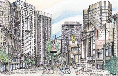 Robert Sweeney's meticulous  sketches of Winnipeg's streets and buildings reveal the city's charms. This sketch is looking east on Portage Avenue.