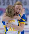 Jonathan Hayward / The Canadian Press files
Alberta skip Chelsea Carey (right) celebrates her win in the Candian title game with third Amy Nixon at the Scotties Tournament of Hearts earlier this month.