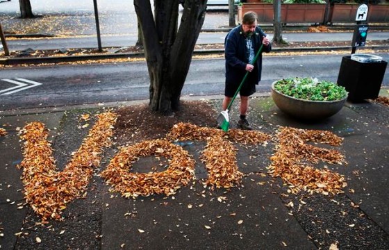 Chris Pietsch / The Register-Guard / The Associated PressTim Boyden uses the loose fall leaves in front of his business in Eugene, Ore., to encourage people passing by to vote in the midterm election.