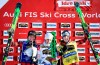 Winner Fanny Smith of Switzerland, center, second placed Brittany Phelkan of Canada, left, and third placed Kelsey Serwa of Canada at the podium after women's final FIS Freestyle Ski Cross World Cup event in Idre Fjall, Sweden, Saturday Jan. 20. 2019. (Pontus Lundahl/TT News Agency via AP)