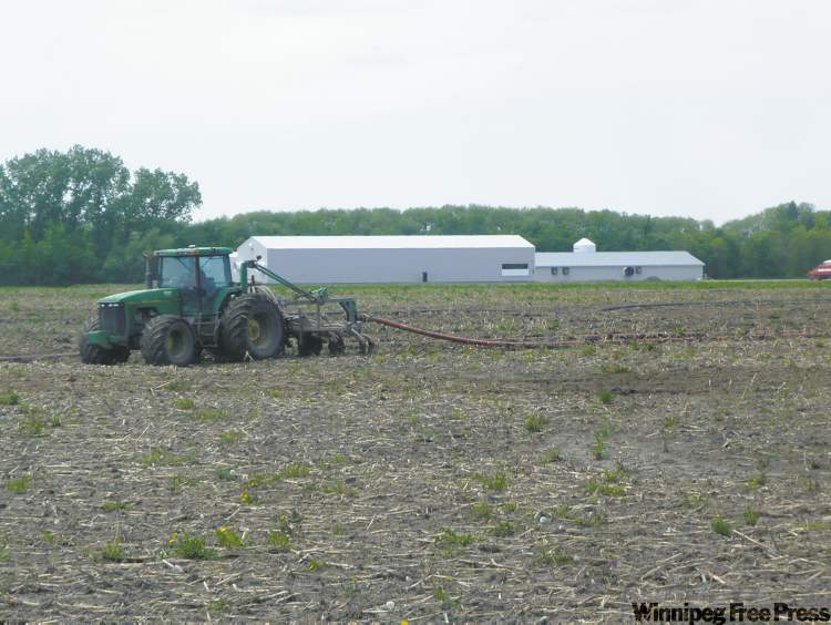Manure applicator drags slurry pipe across Karen Friesen's land.