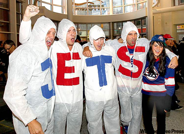 Jets fans (from left) Ryan Postnikoff, Neal McDonald, Jay Meaken, Colin Herperger and Brynn Macek arrive in style for the exhibition game.