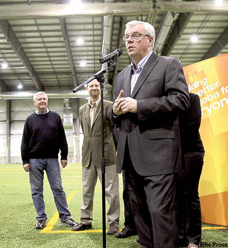 WAYNE GLOWACKI / WINNIPEG FREE PRESS
Premier Greg Selinger announces soccer-funding plan at indoor complex.