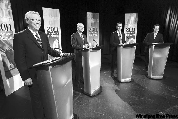 Trevor Hagan / The Canadian Press
Manitoba party leaders prepare for televised political debate on Sept. 23.