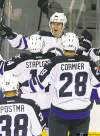 TREVOR HAGAN / WINNIPEG FREE PRESS
Mark Scheifele (top) scored his fourth pre-season goal Friday night.