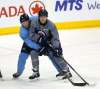 WAYNE GLOWACKI / WINNIPEG FREE PRESS
Winnipeg Jets players #8 JACOB TROUBA at left against #27 Nikolaj Ehlers at the team practice Wednesday at the MTS Centre.