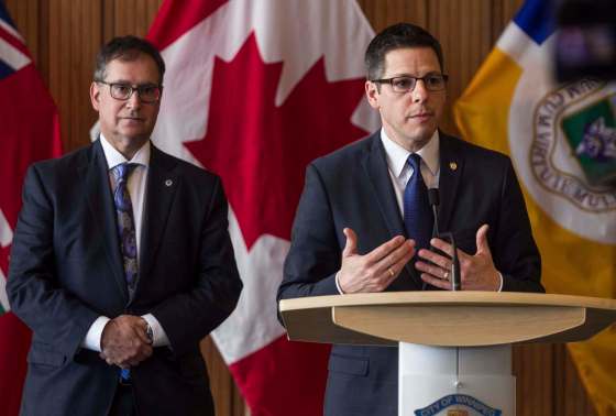 Winnipeg Mayor Brian Bowman talks to the media after the City budget was presented during an EPC Wednesday afternoon by councillor Marty Morantz.