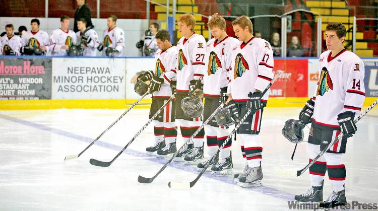 Bruce Bumstead / Brandon Sun
Neepawa Natives players get ready to take on the Dauphin Kings Wednesday night in Neepawa. The team is embroiled in controversy following a hazing incident in September.