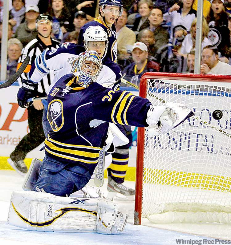 CP
David Duprey / the associated press
Sabres goalie Ryan Miller makes an acrobatic save on a shot by Jets forward Nik Antropov.