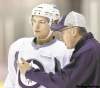 WAYNE GLOWACKI / WINNIPEG FREE PRESS
Jets forward Alexander Burmistrov and head coach Claude Noel go over some of the finer points of the game at a Jets workout.