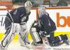 WAYNE GLOWACKI / WINNIPEG FREE PRESS
Winnipeg goalies Ondrej Pavelec (left) and Chris Mason chat prior to practice on Friday. Mason has sparkled in his last four starts.