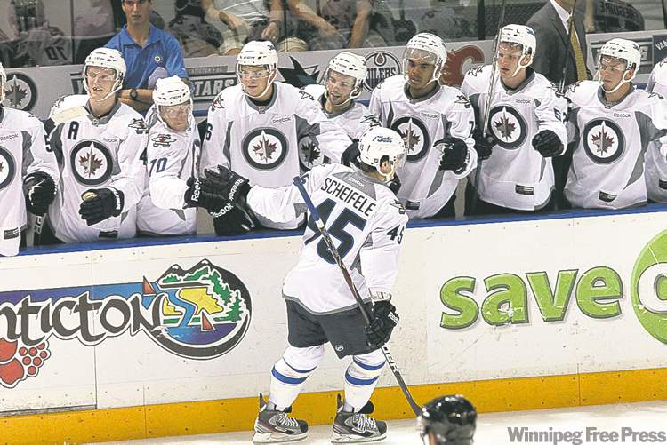MIKE DEAL / WINNIPEG FREE PRESS
The rookies for the Winnipeg Jets and the San Jose Sharks took to the ice at South Okanagan Events Centre arena in the Young Stars tournament in Penticton, B.C.