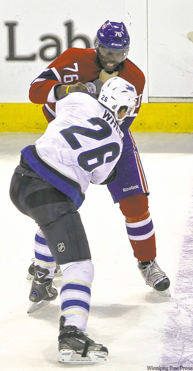 Postmedia Dave Sidaway / THE GAZ
Blake Wheeler earned some props on the Jets bench when he tangled with Habs� defenceman P.K. Subban in the second period Sunday.