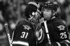 Jets goalie Ondrej Pavelec gets congratulated by teammate Blake Wheeler after Friday�s 4-2 victory over Boston.