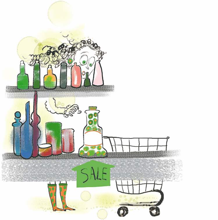 MCT
300 dpi Susan Jouflas color illustration of grocery store shopper reaching for larger bottle of sale item on bottom shelf of supermarket. The Seattle Times 2008
KEYWORDS: bagging bargains illustration grocery groceries bargain coupon olives shopper shoppping, krtbusiness business, krtnational national, krt, mctillustration, FIN krtconsumergoods consumer goods, krtfood food, 04006018, 04007003, 04000000, 04006019, income, krtfinancialservice financial services, krtnamer north america, krtpersonalfinance personal finance, krtusbusiness, u.s. us united states, krtfoodgas, 2008, krt2008,  se contributor coddington jouflas mct mct2008