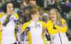 Jonathan Hayward / the canadian press
Manitoba second Jill Officer, lead Dawn Askin and skip Jennifer Jones (from left) share a chuckle during their round-robin game against Quebec on Thursday.