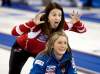Andrew Vaughan / the canadian press
Canada skip Heather Nedohin hams it up behind Scotland skip Eve Muirhead at a practice session Friday in Lethbridge.