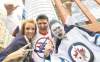 MIKE DEAL / WINNIPEG FREE PRESS ARCHIVES
Britt Billson, (from left) Kyle Mackay and Eric Hogue outside the MTS Centre before the Jets' first home game last October. Merchandise sales have surpassed expectations.