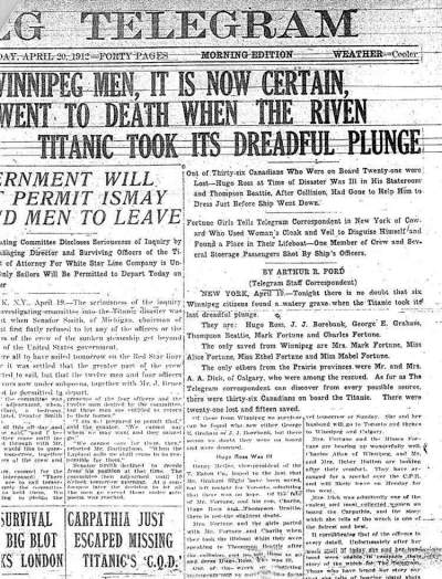 Rival newspapers Manitoba Free Press and Winnipeg Telegram each sent correspondents to New York City to cover the Titanic tragedy.