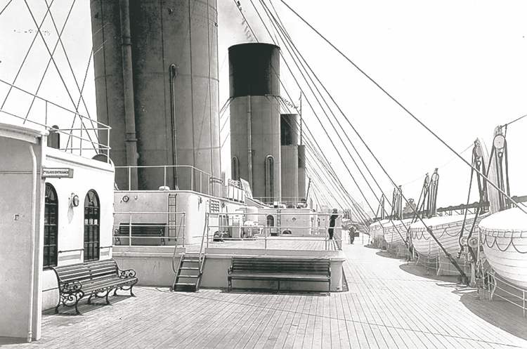 Handout photo
The Titanic's second-class deck, with row of lifeboats that would soon be pressed into service.