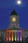 TREVOR HAGAN / WINNIPEG FREE PRESS 
The Manitoba Legislative Building is lit up Friday night to celebrate the 25th anniversary of Winnipeg's Pride parade today.