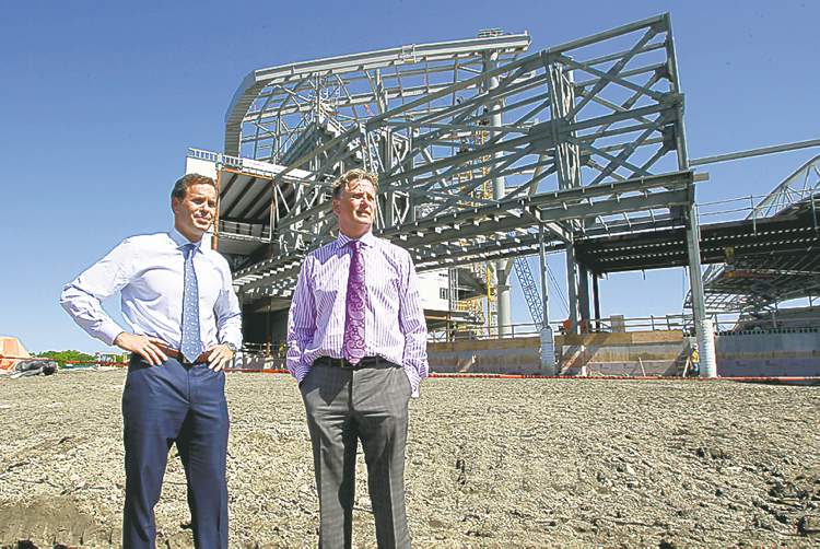CFL commissioner Mark Cohon (left) and Bombers president and CEO Garth Buchko at the site.