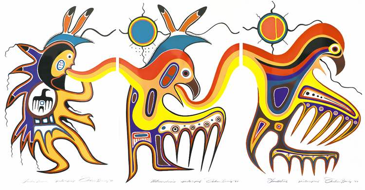 Jackson Beardy�s Metamorphosis shows a thunder dancer, a human transforming to spirit animal and a thunderbird.