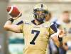 CP
Ryan Remiorz / the canadian press
Blue Bombers quarterback Alex Brink makes a pass against the Alouettes during first-quarter Canadian Football League pre-season action Thursday.
