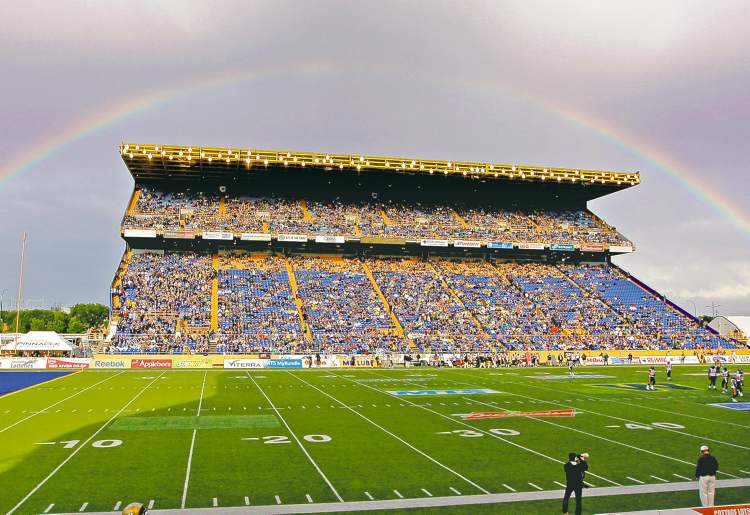 BORIS MINKEVICH / WINNIPEG FREE PRESS
A rainbow hangs over the stands at Canada Inns Stadium Wednesday as the Bombers play the Tiger-Cats in a pre-season match. The Bombers could sure use a pot of gold.