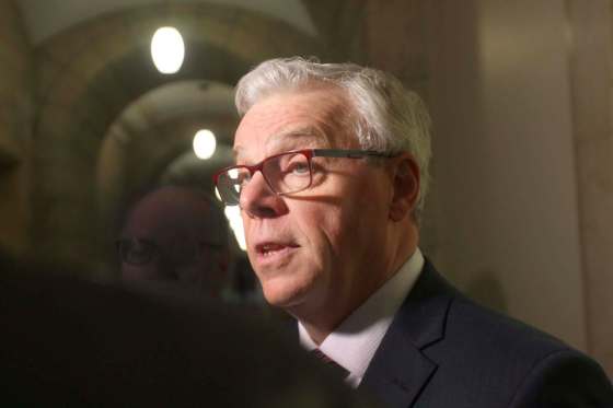 JOE BRYKSA / WINNIPEG FREE PRESSPremier Greg Selinger in the Manitoba Legislature talks with reporters after session.