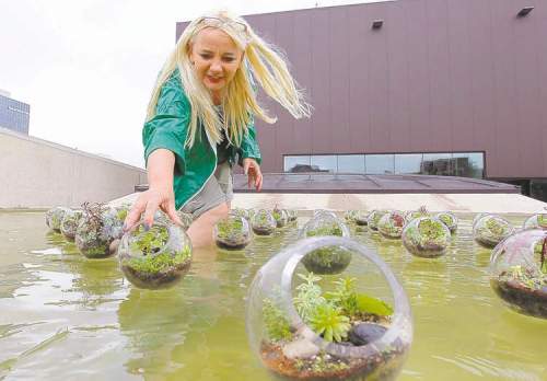 BORIS MINKEVICH / WINNIPEG FREE PRESS
Artist  Ewa Tarsia adjusts a floating terrarium that's part of her summer-long installation Green... Grass... Dot... at the WAG.
