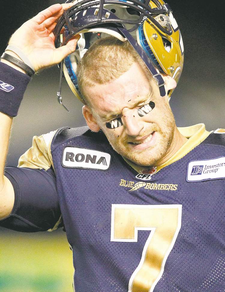 CP
John Woods / the canadian press
Blue Bombers QB Alex Brink lit it up when it was too late. Fans were already barging out of the stadium when his hand got hot.