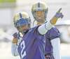 KEN GIGLIOTTI  / WINNIPEG FREE PRESS 
Blue Bomber Jovan Johnson does his best Usain Bolt impression while fellow defensive back Johnny Sears looks on during the team's practice at Canad Inns Stadium on Tuesday.