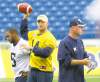 WAYNE GLOWACKI / WINNIPEG FREE PRESS
Blue Bombers quarterback Joey Elliott (centre) practises at Canad Inns Stadium on Wednesday. Elliot gets the start tonight against the Hamilton Tiger-Cats.