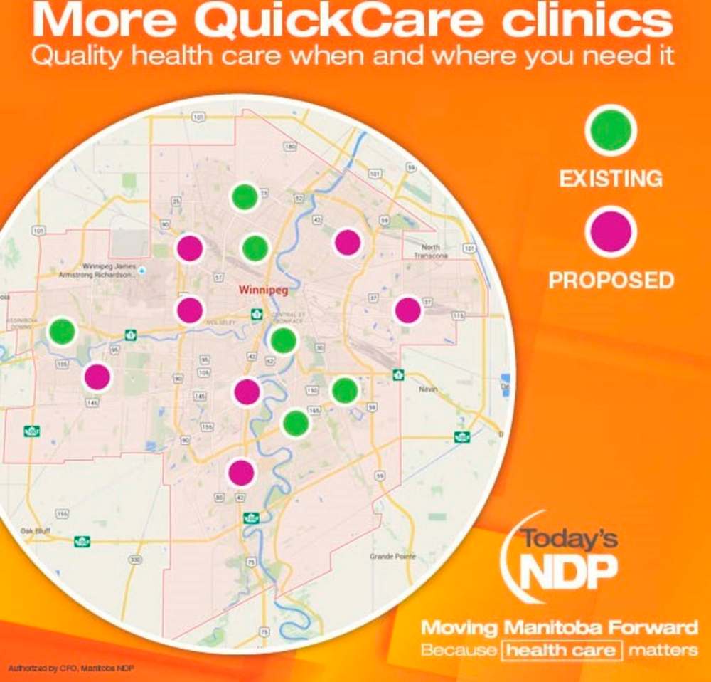This map, provided by the NDP, shows the proposed new clinic locations.