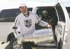 Joe Bryksa / Winnipeg Free Press
L.A. Kings forward Dustin Penner carts the Stanley Cup into the Southland Mall in his hometown of Winkler on Friday.