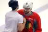 BORIS MINKEVICH / WINNIPEG FREE PRESS
Former Winnipeg Jets captain Andrew Ladd is greeted by old friend, Jets forward Alex Burmistrov, as Ladd skates at the MTS Centre for the first time since being traded to the Chicago Blackhawks.