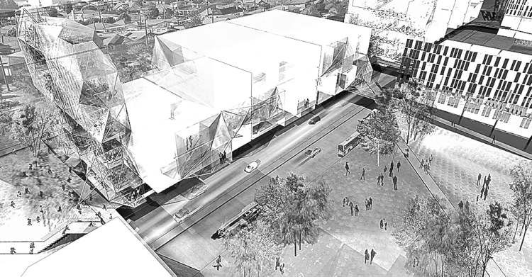 5468796 architecture’s design envisions residential, commercial and retail development, along with public green space, all on an elevated deck above the existing street.