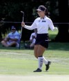 Youngin Chun reacts to parring on the ninth hole to finish the first round of the LPGA Marathon Classic golf tournament, Thursday, July 11, 2019, at Highland Meadows Golf Club in Sylvania, Ohio. (Lori King/The Blade via AP)