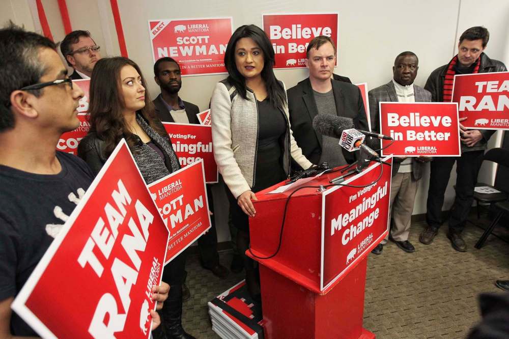 MIKE DEAL / WINNIPEG FREE PRESS
Liberal leader Rana Bokhari during a stop at Scott Newman's campaign offices this afternoon.