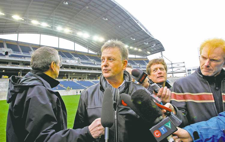 WAYNE GLOWACKI / WINNIPEG FREE PRESS
Garth Buchko, president and CEO of the Winnipeg Blue Bombers, speaks to reporters at Investors Group Field on Monday.