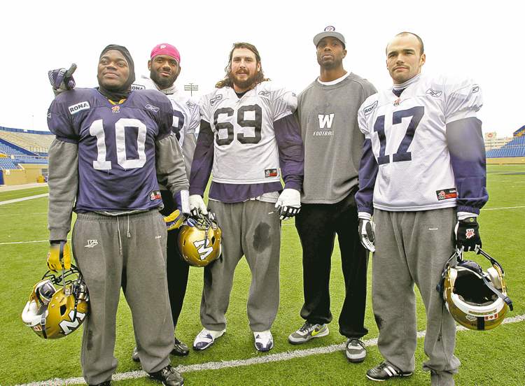 MIKE DEAL / WINNIPEG FREE PRESS
MIKE DEAL / WINNIPEG FREE PRESS
From left: Henoc Muamba, Chris Matthews, Glenn January, Alex Hall and Justin Palardy join Chad Simpson (not pictured) as the Bombers' award nominees for 2012.
