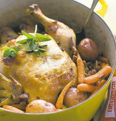CP
MATTHEW MEAD / THE ASSOCIATED PRESSRoasted chicken with chorizo and root vegetables.