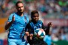 New York City FC defender Maxime Chanot, left, and Montreal Impact forward Orji Okwonkwo (18) vie the ball during the second half of an MLS soccer match, Saturday, April 6, 2019, in New York. (AP Photo/Noah K. Murray)