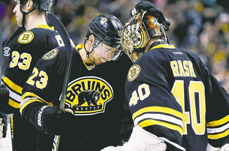CP
Boston Bruins' Chris Kelly (23) celebrates with teammate Tuukka Rask (40), of Finland, after the Bruins defeated the Winnipeg Jets 2-1 in a shootout during an NHL hockey game in Boston, Monday, Jan. 21, 2013. (AP Photo/Michael Dwyer)