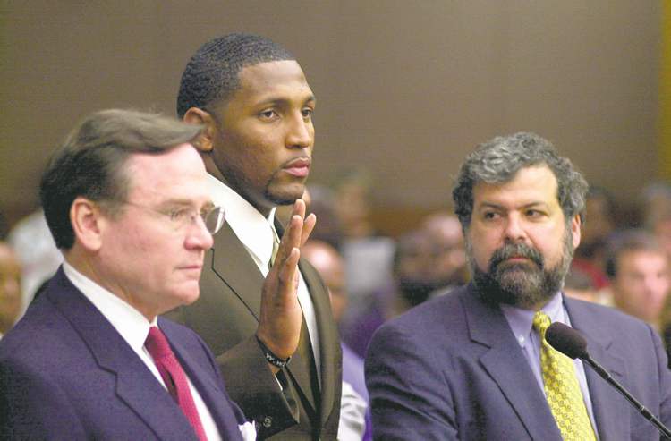 KRT
KIMBERLY SMITH / ATLANTA JOURNAL CONSTITUTION ARCHIVES
Baltimore Ravens linebacker Ray Lewis on the field (top) and with his lawyers at the murder trial.