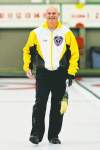 Mike Deal / Winnipeg Free Press
Kerry Burtnyk was in good spirits after throwing the first rock during the opening night at the MCA Bonspiel Thursday.