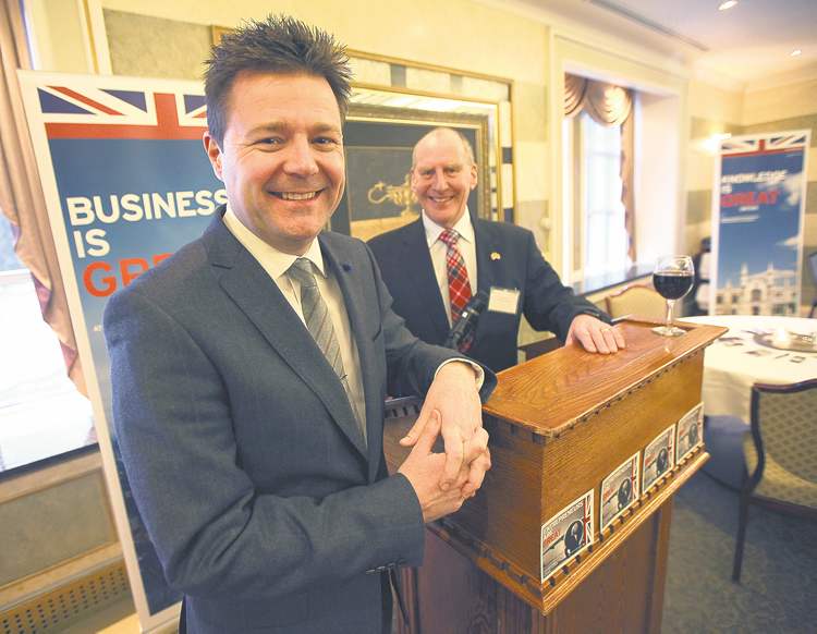 Phil Hossack / Winnipeg Free Press
British consul general Tony Kay (front) with Joe Barnsley, honorary consul in Manitoba, at the Fort Garry Hotel.
