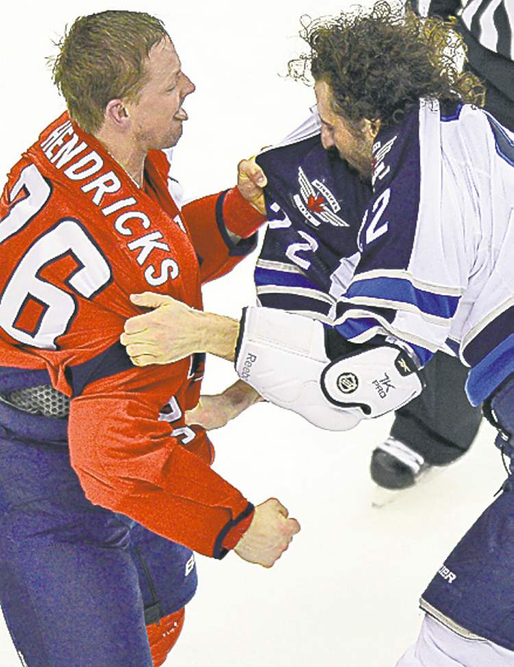 Tribune Media MCT
Chuck Myers / MCT
Washington�s Matt Hendricks and Winnipeg�s Chris Thorburn tangle during a third-period fight.