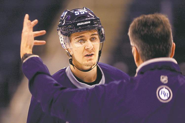 Winnipeg Jets training camp at MTS Centre : coach Claud Noel talks with Mark Scheifele during practice - Ed Tait Story KEN GIGLIOTTI / JAN 15 2013 / WINNIPEG FREE PRESS